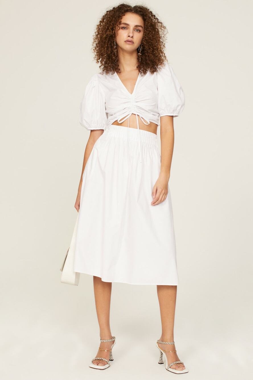 Derek Lam White Poplin Puff Sleeve V-Neck Ruched Tie Crop Top Size US 2